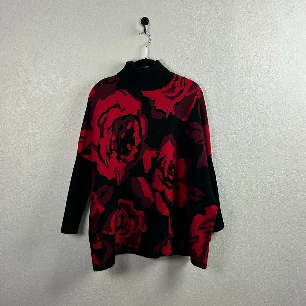 Chico's Women’s Roses Jacquard Pullover Sweater Sz S/M Comfy Cozy Winter Chic